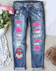 Pink Shiny Santa Claus Casual Ripped Jeans