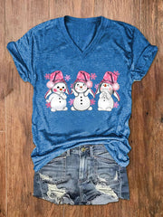 Pink Christmas Snowman Print V-Neck T-Shirt