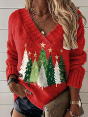 Christmas Tree Print Knit V-neck Pullover Sweater