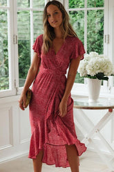 Asymmetric Mini Floral Sleeved Tie Side Beach Wrap Dress