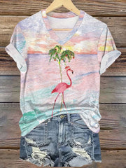Florida Merry Christmas Beach Palm Trees Print Casual V-Neck T-Shirt