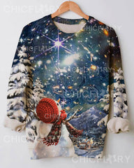Christmas Snowman and Starry Sky Meet Print Sweatshirt