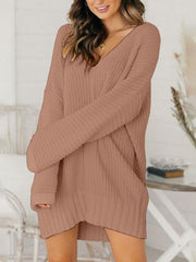 Loose V-neck Mid-length Sweater Dress