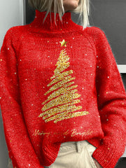 Merry Christmas Art Print Knit Turtleneck Pullover Sweater