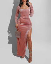 Velvet Split Thigh Square Neck Maxi Dress