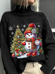 Vintage Christmas Snowman Print Knit Turtleneck Top