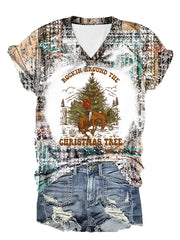 WESTERN AND CHRISTMAS COMBINED "ROCKIN AROUND THE CHRISTMAS TREE" PRINT V-NECK T-SHIRT