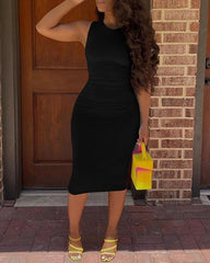 Sleeveless Plain O Neck Midi Dress