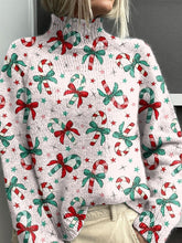 Simple Candy Cane Bow Christmas Print Knit Turtleneck Pullover Sweater