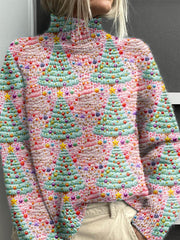 Lovely Christmas Tree Art Print Knit Turtleneck Pullover Sweater