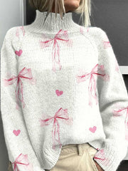 Merry Christmas Rosette Print Knit Turtleneck Pullover Sweater