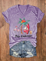Mele Kalikimaka Hawaii Christmas Print V-Neck T-Shirt