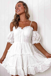 Ruffle Sleeved Openwork Flare Beach Mini Dress