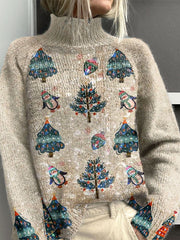 Vintage Christmas Art Print Knit Turtleneck Pullover Sweater