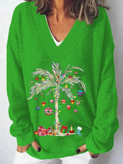 Christmas Palm Tree Print Knit Sweater
