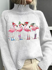 Lovely Christmas Flamingo Art Print Knit Turtleneck Pullover Sweater