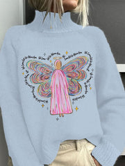 Christmas Angel Print Casual Turtleneck Top