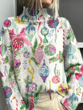 Vintage Watercolor Christmas Lights Print Knit Turtleneck Pullover Sweater