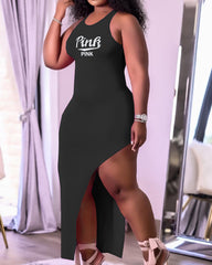 Letter Print Cut Out Asymmetrical Hem Tank Dress