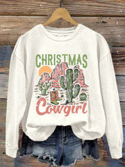 Western Christmas Cowgirl Print Crewneck Sweatshirt