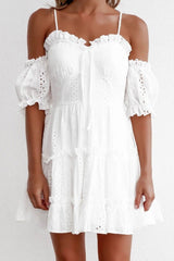 Ruffle Sleeved Openwork Flare Beach Mini Dress