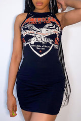 Letter Graphic Grommet Eyelet Detail Sleeveless Dress