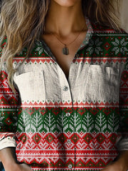 Christmas Knit Stitch Pattern Printed Casual Long Sleeve Comfortable Cotton Shirt
