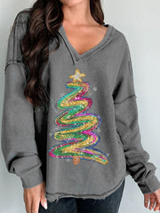 Christmas Print Long Sleeve V-neck Comfortable Cotton Shirt