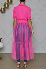 Pleated Contrast Mesh Maxi Shirt Dress