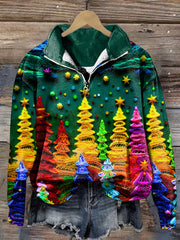 Christmas Colorful Christmas Tree Print Zipper Lapel Casual Sweatshirt