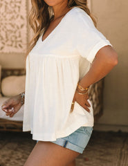 Frayed V Neck Ruffled Babydoll Blouse
