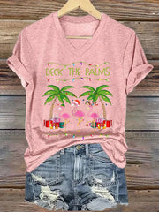 Deck The Palms Merry Flamingo Christmas Print T-Shirt