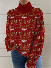 Merry Christmas Chicken Art Print Knit Turtleneck Pullover Sweater
