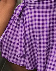 Gingham Print Belted Ruffle Hem Surplice Dress