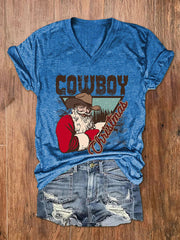 Cowboy Christmas Santa Print V-Neck T-Shirt