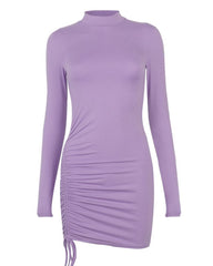 Solid Drawstring Ruched Mock Neck Long Sleeve Mini Dress
