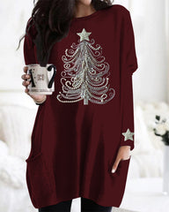 Vintage Christmas Tree Jewelry Print Casual Midi Top