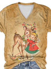 V-Neck Retro Merry Christmas Elk Print T-Shirt