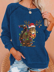 Women's Christmas Squirrel Lights Print Casual Sweatshirt