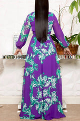 Chiffon Allover Print Belted Gathered Sleeve Dress