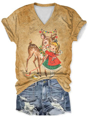 V-Neck Retro Merry Christmas Elk Print T-Shirt