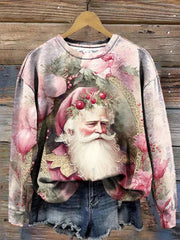 Retro Pink Christmas Santa Print Crew Neck Sweatshirt