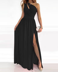 Wrap Cut Out Split Thigh One Shoulder Maxi Dress
