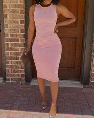 Sleeveless Plain O Neck Midi Dress