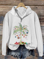 Christmas Palm Tree Print Long Sleeve Zip Sweater