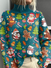 Green Christmas Christmas Tree Pattern Art Print Knit Turtleneck Pullover Sweater