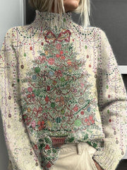 Christmas Art Print Knitted Turtleneck Pullover Sweater