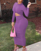 Solid Peekaboo Front Ruched Long Sleeve Maxi Dress