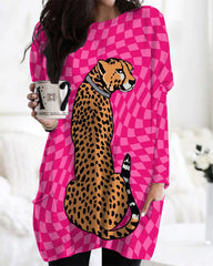 Casual Plaid Cheetah Print Long Sleeve Midi Top