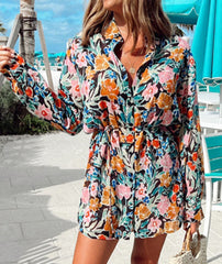 Floral Buttoned Collared Long Sleeve Dress